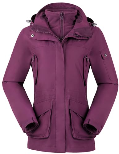 Ambayz Damen Ski 3-in-1-Jacke 2 Stück Set Outdoor Wanderjacke Wasserdicht Winterjacke Winddicht Fleece Innen, Dunkellila, Gr. M
