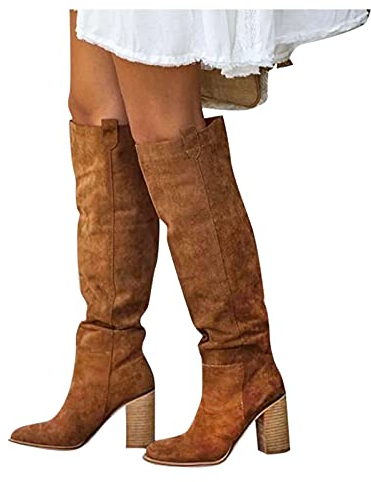 Stivaletti Donna Invernali Larghi con Tacco Sopra il Ginocchio Western Boots Pelle Elasticizzati Curvy Stivali Alti Stivaletti Sexy Camoscio Morbidi Anfibi Stivali Cowboy Caldo Vintage