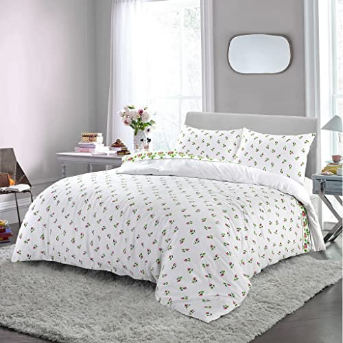 Rohi Soft & Warm Floral Brushed Cotton Duvet Set King Size – 3pcs Floral Bedding Set – Hypoallergenic Flannelette Duvet Cover & Pillowcases Set (Super King, Pink Rose Bud)