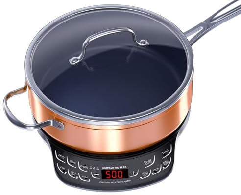 Nuwave Flex Precision Induction Cooktop, 10.25” Shatter-Proof Ceramic Glass, 6.5” Heating Coil, 45 Temps 100°F to 500°F, 4Qt Induction-Ready Healthy Ceramic Non-Stick Everyday Pan with Lid Included
