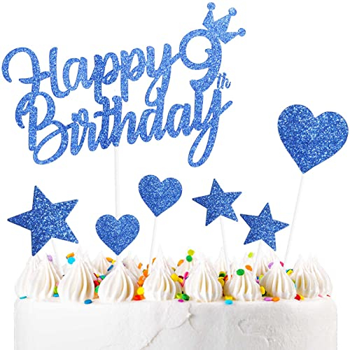 Yiran 7Stück Happy 9th Birthday Cake Topper Kuchendeko Dekoration. Doppelseitig Geburtstag Jungen und Mädchen Blau Tortendeko 9 Geburtstag Mit Herz Stern Glitter Cake Topper für 9 Geburtstag