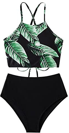Damen Bikini Damen Bikini Badeanzug O-Ring Selbstbinden Rüschen Mid Waist Zweiteiliger Badeanzug Badeanzüge mit Shorts, grün, 36