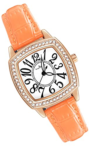 MicLee Montres Bracelet Femme Montres Quartz à Cadran Carre avec Strass Etincelants Montre de Luxe avec Cadran Or Rose à Chiffres Arabes pour Dame Fille Montre Etanche Bracelet Orange en Cuir