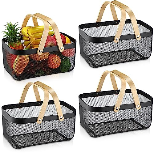 Sadnyy 4 Pcs Black Metal Wire Storage Basket with Handle Mesh Harvest Durable Vegetables Fruit Toy Basket for Garden Organizing, Kitchen, Countertop, Closet, Bedroom (16 x 9.8 x 7.1 Inch)
