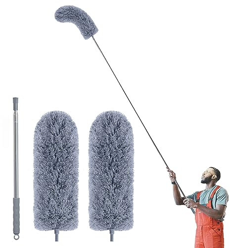 IVYROLL - Plumero con palo extensible de 254 cm, kit de 2 cabezales de microfibra lavables, para techos altos, tareas domésticas, ventiladores y muebles