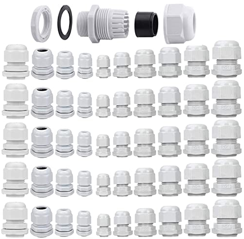 50 piezas pasacables impermeable ajustable de plástico blanco, kit de prensacables M12-M25 PG7-PG19- Fácilmente instalable para proteger los cables.