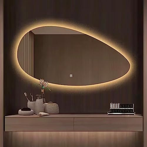 HZSCL Miroir Éclairé Ovale Irrégulier, Miroir De Salle De Bain Moderne Asymétrique, LED 3 Couleurs Dimmable, 50x80cm/60x90cm, Miroir De Courtoisie Mural Rétro-éclairé(50x80cm/19.7x31.5in)