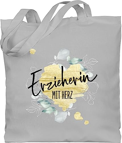 Baumwolltasche - Taschen - Erzieherin mit Herz - Unisize - Hellgrau - abschiedsgeschenk beutel kita erzieherinnen geschenk kindergärtnerin heart stoffbeutel für erziehertaschen betreuerin danke
