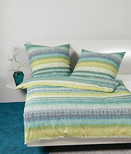 Janine Bettwäsche 135x200cm + 80x80cm Davos - weicher Bettbezug aus Feinbiber - mit Reißverschluss - 100% Baumwolle - Öko-Tex - grünblau