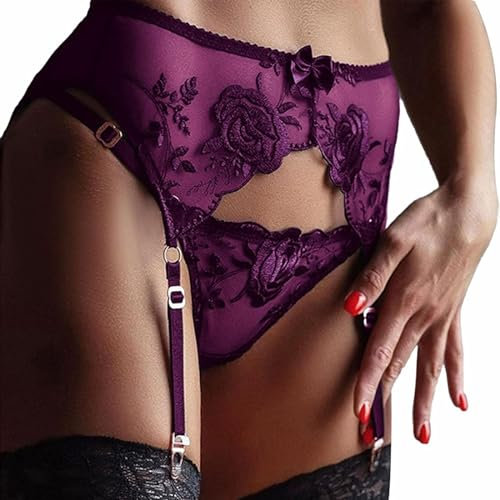 Reggicalze Donna Sexy Pizzo Trasparente con Perizoma Lingerie Maglia Floreale 4 Clip Regolabili Calze, Biancheria Intima Giarrettiere Vita Alta 2 Pezzi Mutandine Clubwear Metallo (Standard, Viola)