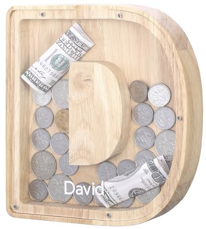 Kinsinder Holz Buchstaben Spardose, Holz Spardose Kinder Personalisierte Kreative Brief Münzbank Spardose mit Alphabet Aufklebern für Familie, Weihnachten, Geburtstag, Geschenk (D, S)