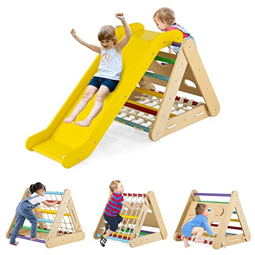 GYMAX 3 in 1 Scala di Arrampicata per Bambini, con Rete di Arrampicata, Tavola e Scala di Arrampicata e Scivolo, Struttura a Triangolo in Legno per Uso Interno (Colorato)