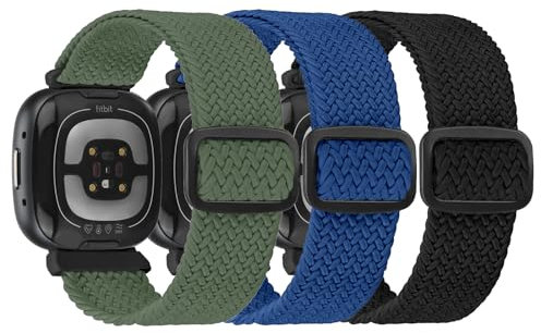 DKGKOO (3er Pack) Armband Kompatibel mit Fitbit Versa 3/Versa 4/ Sense/Sense 2 Nylon Armband, Weiches Verstellbares Geflochtenes Ersatz-Sportband, Elastisches Nylon-Uhrenarmband Frauen und Männer