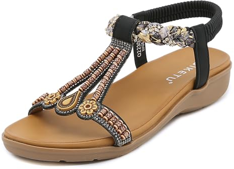 Meik Mangni Damen Sandalen Sommer Bohemian Flache Zehentrenner Strass Sandaletten Strand Schuhe Plattform Flip Flops C Schwarz Gr.41