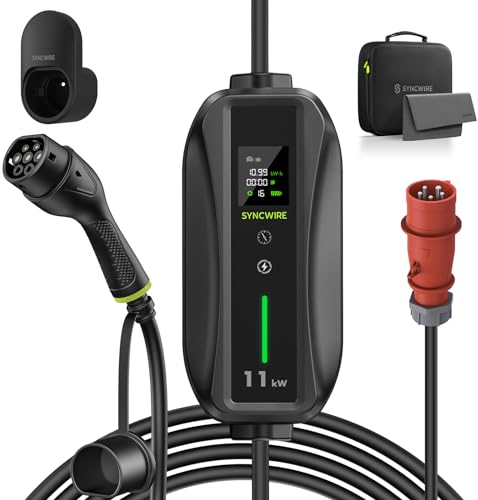 SYNCWIRE 11kW EV Ladegerät Typ 2-7.5m[3-phasig][6-16A] mit Einstellbarer Ladeleistung EV Ladekabel Typ 2 Schuko、Klarer LCD、IP65 wasserdichte Ladegerätbox、mit Kabelhalterung、Aufbewahrungstasche