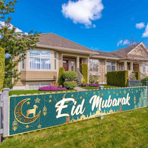 LOHAME Ramadan Mubarak Banner Blaues Extra Große Eid Mubarak Banner 300x50cm Ramadan Kareem Partybanner Islamische Gold Stern Mond Hängend Hintergrund Deko für Muslim Al-Fitr Garten Indoor Outdoor