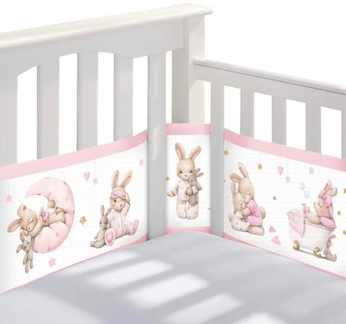 Bizcasa 2 Pièces Tours de Lit Bébé Cabane,4 Côtés Tour de Lit Respirant Doublure en Maille 3D Anti-Flux d'air,Protection des Bords,Réglable, Amovible - 340cmx30cm + 160cmx30cm (Lapin)