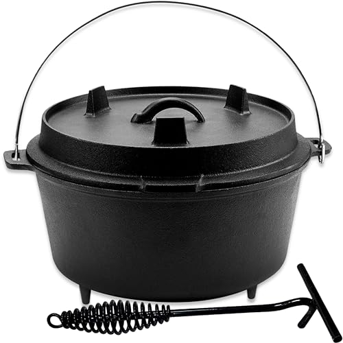 KitchenMonster Dutch Oven Kochtopf Set 5L – Gusseisentopf Ø 25,5 cm mit Deckelheber & Schutzbeutel, robuster Outdoor Kochtopf zum Kochen, Backen & Braten