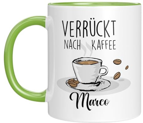 TassenTicker - Verrückt nach Kaffee - Tasse personalisiert mit Namen - Kaffeetasse mit Spruch - lustige Geschenkidee - Kaffeeliebhaber - Geburtstagsgeschenk (Grün)