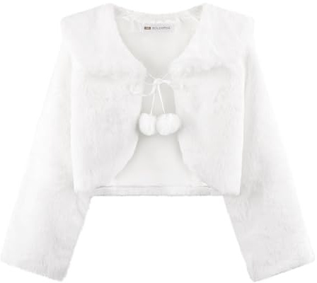 Bolerose Veste Boléro Fille Fausse Fourrure Pompons | Doublure Satin, Nœud en Ruban, Col Rabattu, Manches Longues, Coupe Courte, Chaleur Légère, 3-10 Ans