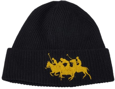 POLO RALPH LAUREN Dreifach-Pony-Beanie-Mütze für Herren, Wollmischung, gerippte Bündchen (Polo, Schwarz, Einheitsgröße), Polo Schwarz, Einheitsgröße