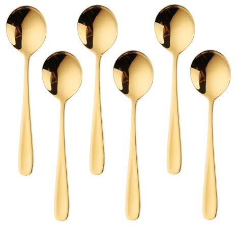 Soup Spoon Set, Buyer Star 304 Stainless Steel Table Spoon, 6.89 Inch Round Dessert Spoons, Dinner Spoon for Cereal, Porridge, Yogurt, Dishwasher Safe (6, Gold)