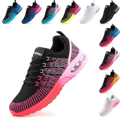 Chaussure de Sport Running Femme Basket Air Chaussures Course Casual Fitness Outdoor Tennis Jogging Sneakers Respirant Athlétique Mesh Rose-Rouge 37