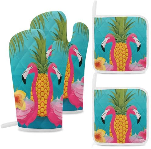 Lot de 4 gants de cuisine et maniques résistants à la chaleur - Ananas flamant rose - Gants de cuisson pour barbecue