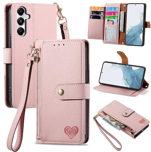 VEEMOS Zipper Wallet Case for Samsung Galaxy S25 5G Phone Case with Purse Card Holders RFID Blocking Leather Flip Case Book Cover Wrist Strap Women - Pink
