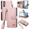 VEEMOS Zipper Wallet Case for Samsung Galaxy S25 5G Phone Case with Purse Card Holders RFID Blocking Leather Flip Case Book Cover Wrist Strap Women - Pink