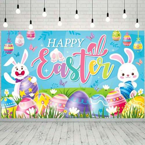 Ostern Deko Banner,180 x 110CM Große Osterdekoration für den Innen-und Außenbereich Wanddekoration Happy Easter Bunny Ostereier Hintergrund Banner