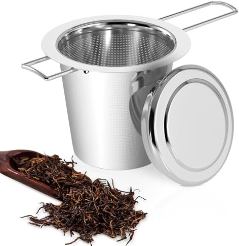 Yoassi Tea Infuser, 304 Stainless Steel Tea Filter Strainer with Foldable Handle and Lid, Perfect for Hanging on Teapots, Mugs, Cups to steep Loose Leaf Tea and Coffee, 1 Pack