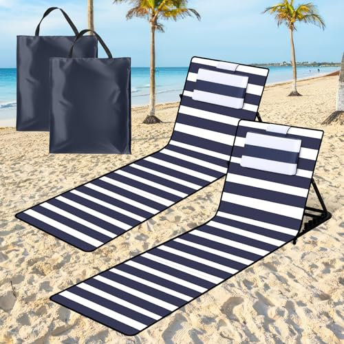 Tubiaz Strandmatte Gepolstert 2X, 158CM Strandliege Klappbarer, 5-stufig Verstellbar Rückenlehne, mit Kopfkissen und Staufach, Tragbar Sonnenliege Strand, Faltbar Liegestuhl, Blau-Weiß-Streifen