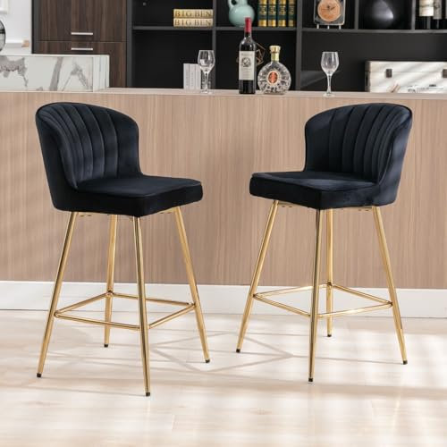 Ya-Home Lot de 2 Chaise Bar en Velours Doux Tabourets de Bar avec Pieds en Métal Doré Chaises de Comptoir et Cuisine Moderne, Noir