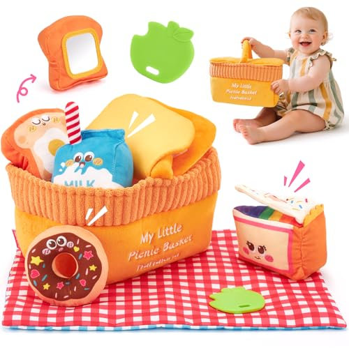 hahaland Plüsch Picknickkorb für Baby Spielzeug 6 7 8 9 10 Monate, Montessori Spielzeug Baby mit Rassel Beißring für Entwicklung Sensorik & Motorik, Spielküche Geschenk für Spielzeug ab 1 Jahr