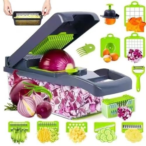 Generisch Gemüseschneider Set 16-in-1, Multifunktional Küchenreibe mit Behälter, 31,5 cm, Grau/Grün