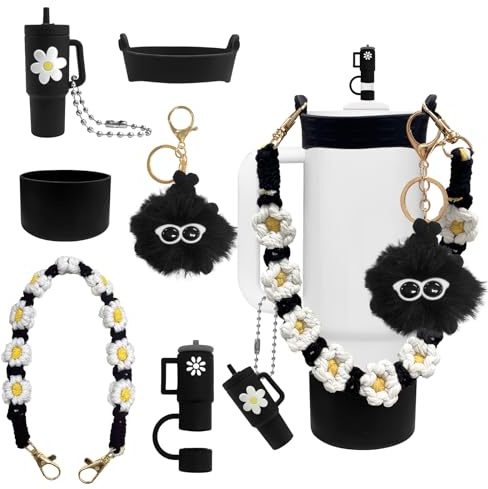 Stanley Cup Zubehör Set, 6 Stück Stanley Cup Accessories, Inklusive Silikon Cup Stiefel, Strohhalm Abdeckung, Wasserflasche Griff Riemen, Anhänger, Zubehör für Stanley Cup 800-1200ml(Schwarz)
