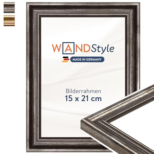 WANDStyle silberner Bilderrahmen 15x21 Holz, Bilderrahmen Silber Vintage | Hochwertiger Holzbilderrahmen Antik, Posterrahmen aufstellbar, Rahmen 21x15 cm, Fotorahmen H400 Made in Germany