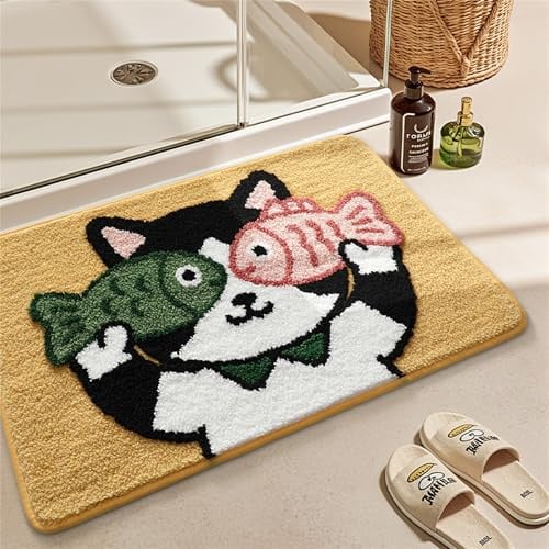 Trlyane Badteppich rutschfest Waschbar 50 x 80 cm, Mikrofaser, Katze | Weicher Saugfähiger Badezimmerteppich, Rutschfeste Badematte aus Mikrofaser mit Tiermotiv für Bad, Dusche und Eingang