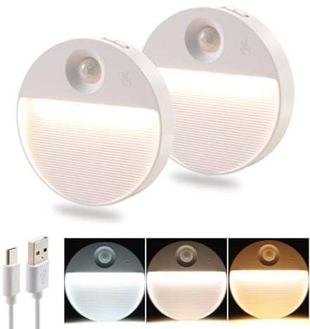 LED Nachtlicht mit Bewegungsmelder Innen (2 Stück), 750mAh Akku Wiederaufladbar USB-C, 3 Lichtfarben (3000K/4000K/6500K) & Dimmbar, Magnetische Schrankleuchte Kabellos für Flur, Treppe & Küche