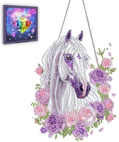 Ginfonr Diamond Painting Kits Anhänger, Weißes Pferd Diamond Künstler für Deko Haustür, Tiere Diamantmalerei Sonnensegel für Wanddeko, Doppelseitige Hängedeko Fenster 20x20 cm