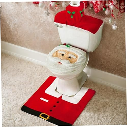 Hperu 3Piece Christmas Toilet Seat Cover Set with Tank Cover & Rug, Santa Claus Festive Bathroom Decor for Holiday Season, Easy To Install & Machine Washable