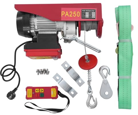 550W-Elektrische Seilwinde 250-kg-Seilhebezug/Elektroflaschenzug mit Haken und Funkfernbedienung, Hubhöhe 12 m, sicheres Elektrohebegerät für Baustellen und Lager