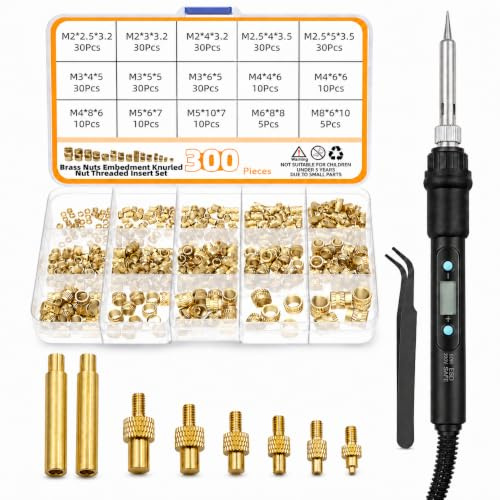 ELESKY Gewindeeinsätze Set 310-teilig aus Messing mit Lötspitzen M2-M8 | 60W 180–500°C Drehregler, 300 Stück Messing Einschmelzmuttern Lötspitzen für 3D Druck & Kunststoff