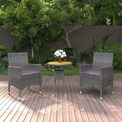 Holamys 3-TLG. Garten-Essgruppe Poly Rattan Grau, Outdoor-Möbel Gartenset mit Akazienholz-Tisch Ø60cm, 2 komfortable Gartensessel für Terrasse, Balkon & Garten, wetterfest