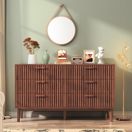 DIYHOM Kommode mit 6 Schubladen, Sideboard Buffetschrank mit Holzbeinen, Anrichte Küchenschrank für Flur, Schlafzimmer, Wohnzimmer, Badezimmer, 100x34x73cm(Walnussholzfarbe)