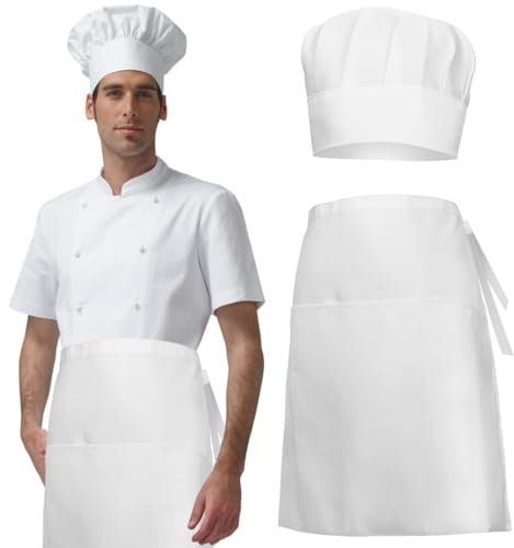 HUKUMA Kochmütze und Schürze für Erwachsene, Kochschürze Kochmützen, Verstellbare Koch Schürze Kurz Weiß, Kochmütze Backschürze Männer Frauen für Bäcker Küche Hause Restaurant