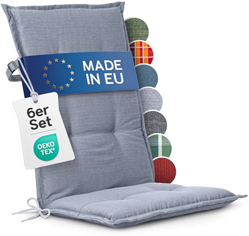 Homeoutfit24 Hochlehner Auflagen, Made in EU, 6er Set, Grau | 120x50 cm, Gartenstuhlauflagen Sitzauflagen, Oeko-Tex Zertifiziert, Hochlehner Polster