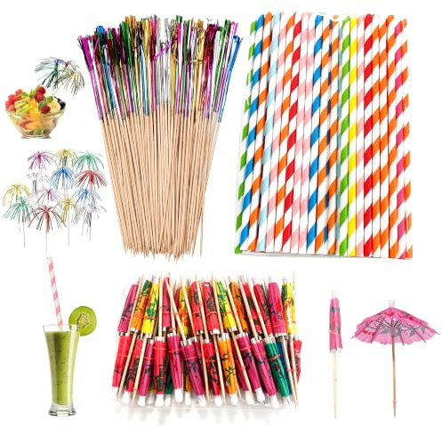 200 Stück Cocktail Zubehör Deko mit Papierstrohhalmen, Cocktail Schirmchen | 200-teiliges Set mit 100 Papierstrohhalmen, 50 Cocktailschirmchen und 50 Quastenspießen für Drinks und Partys