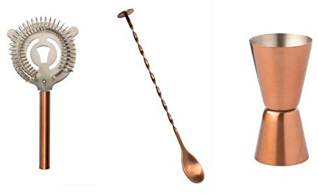 Epicurean 3 Piece Bar Set Double Jigger, Strainer, Long Spoon, Copper Pated